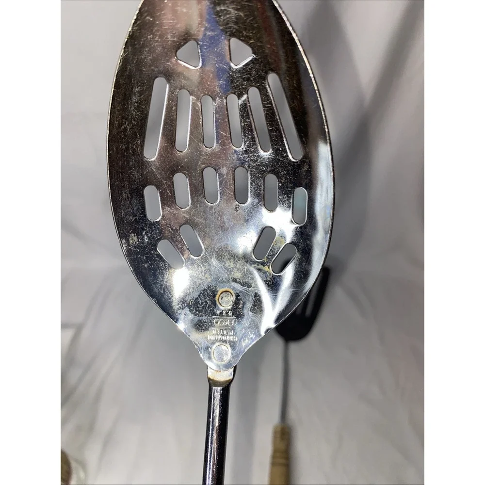 Vintage Ecko Slotted Stainless Steel Spatula And Slotted Spoon Wooden Handles